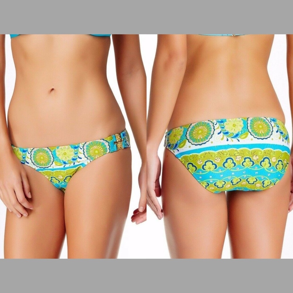 NWT! Trina Turk Woodblock Detail Hipster Bikini Bottom [SZ 2 10 ] Green Blue‎